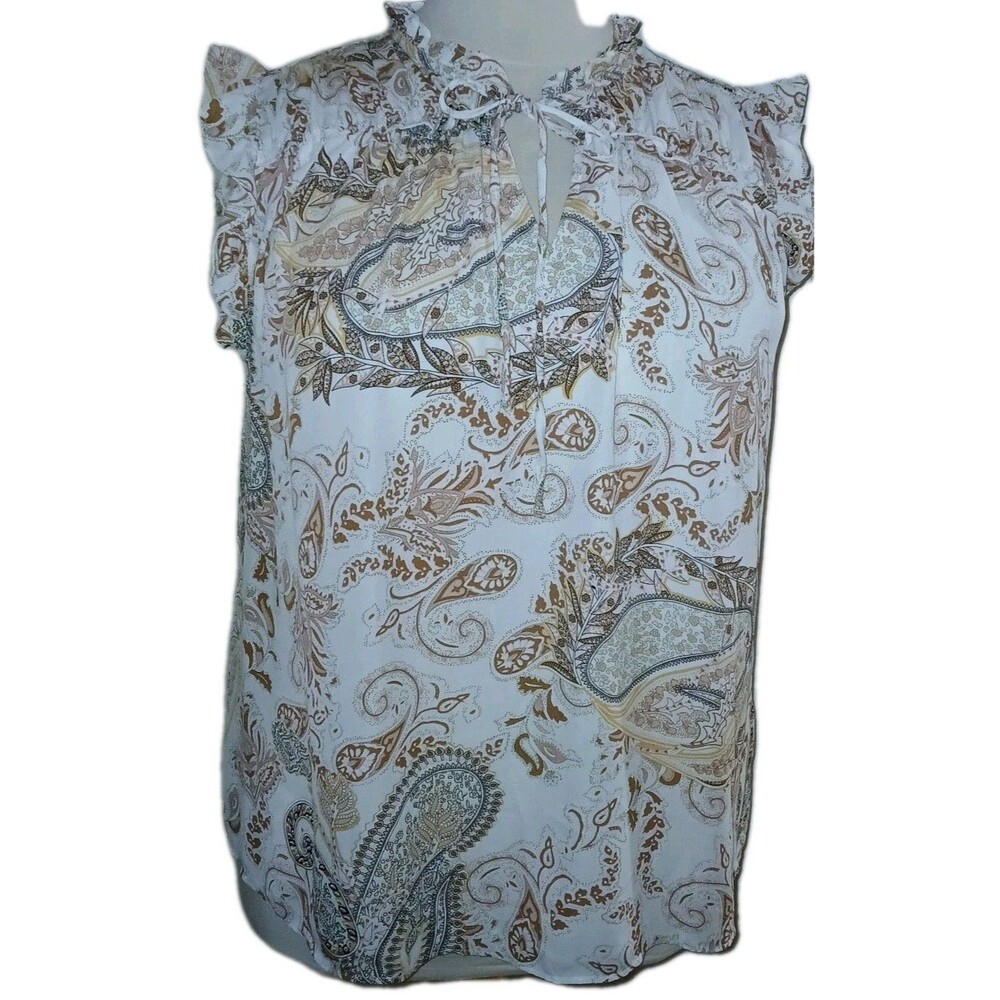 CAROLINA BELLE MONTREAL Womens 1X Paisley Career Sleeveless Ruffles Beige Top